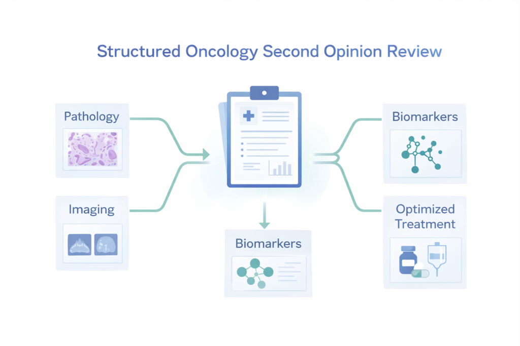 Structured review refines diagnosis, staging, and treatment sequencing in oncology.