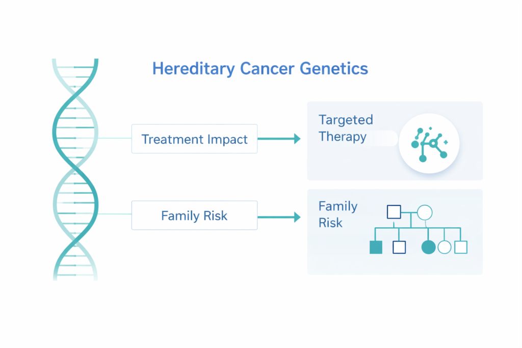 Decision pathway showing how hereditary cancer genetic testing influences treatment and prevention strategies