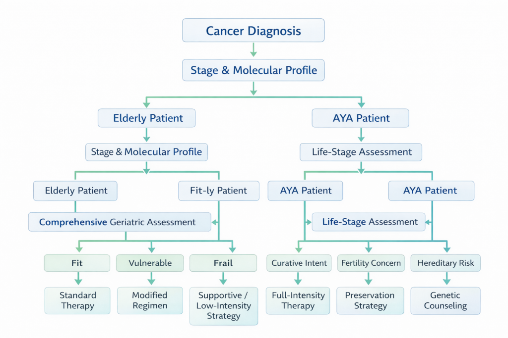 how to approach Geriatric vs AYA patients in oncology
