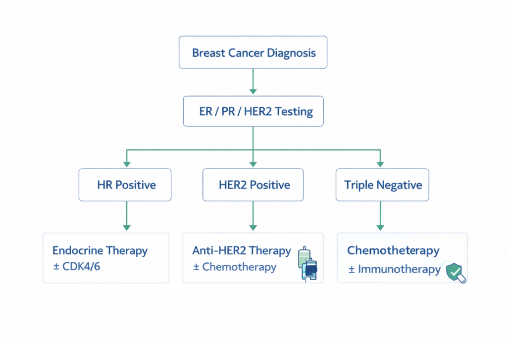 Breast cancer decision tree using ER PR and HER2 testing to guide endocrine therapy anti-HER2 therapy or chemotherapy with possible immunotherapy