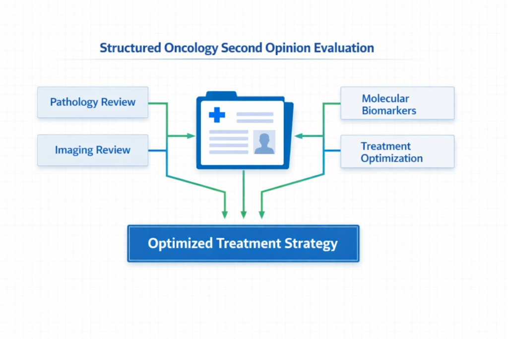 Structured oncology second opinion review involving pathology imaging and molecular testing.