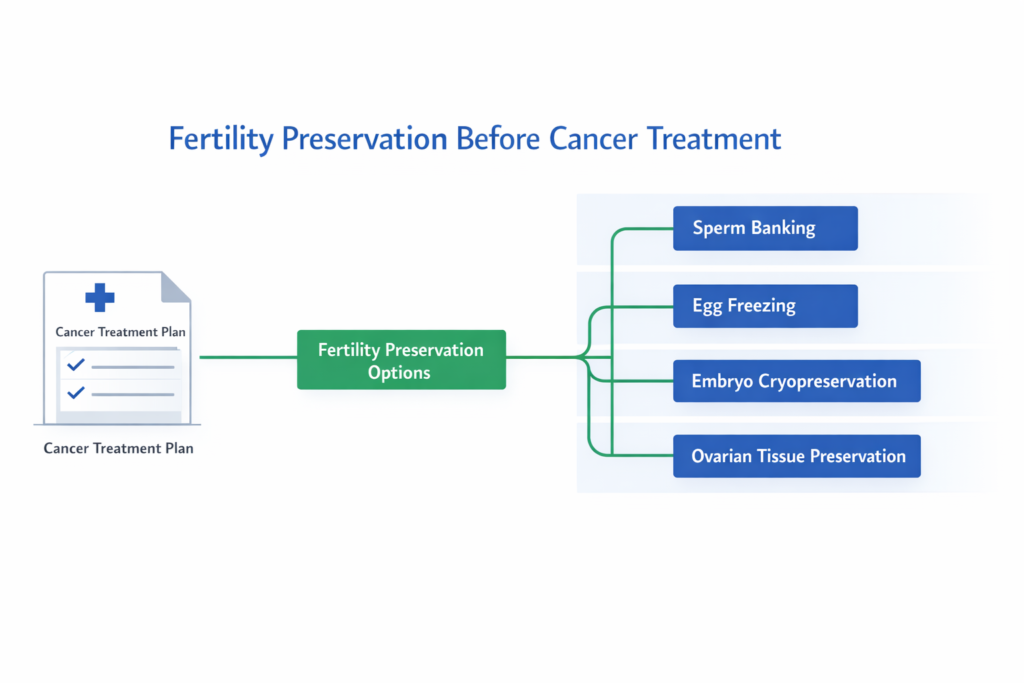 Fertility preservation options before cancer treatment including sperm banking egg freezing and embryo cryopreservation