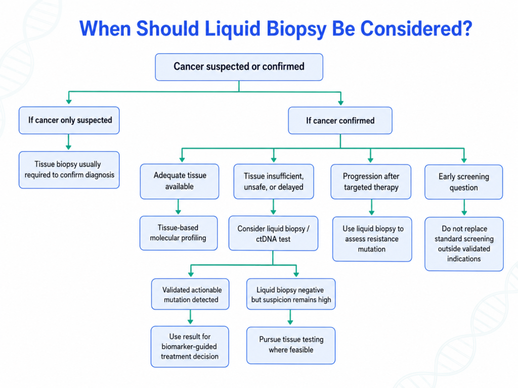 Decision tree showing when to use tissue biopsy, liquid biopsy, or both in precision oncology.